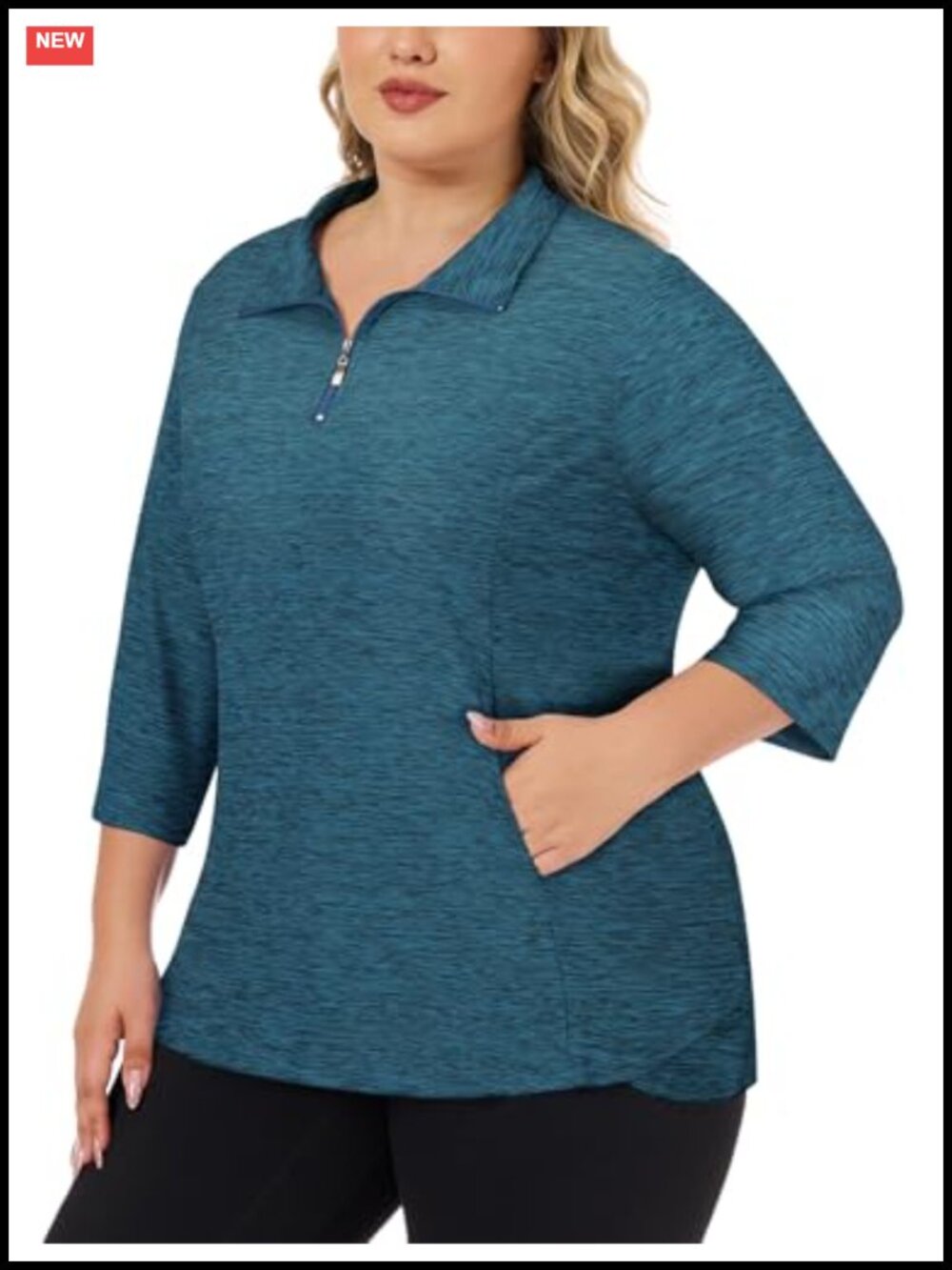 Plus Size Women's Golf Polo Shirt 3/4 Sleeve Zip Up Athletic Top with Pockets